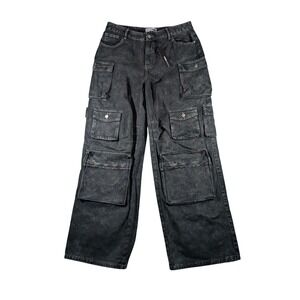 Fashion Nova Lily High Rise Cargo Jeans Women's Size 14 (34x33) Acid Wash Black